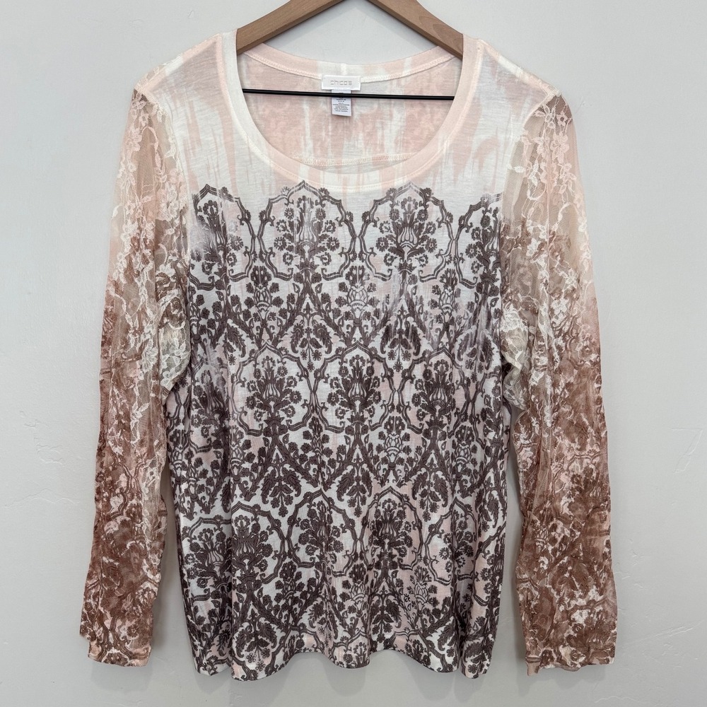 Chicos Damask Print‎ Top Sheer Lace Long Sleeve Earth Tones XL Size 3 Boho Fairy